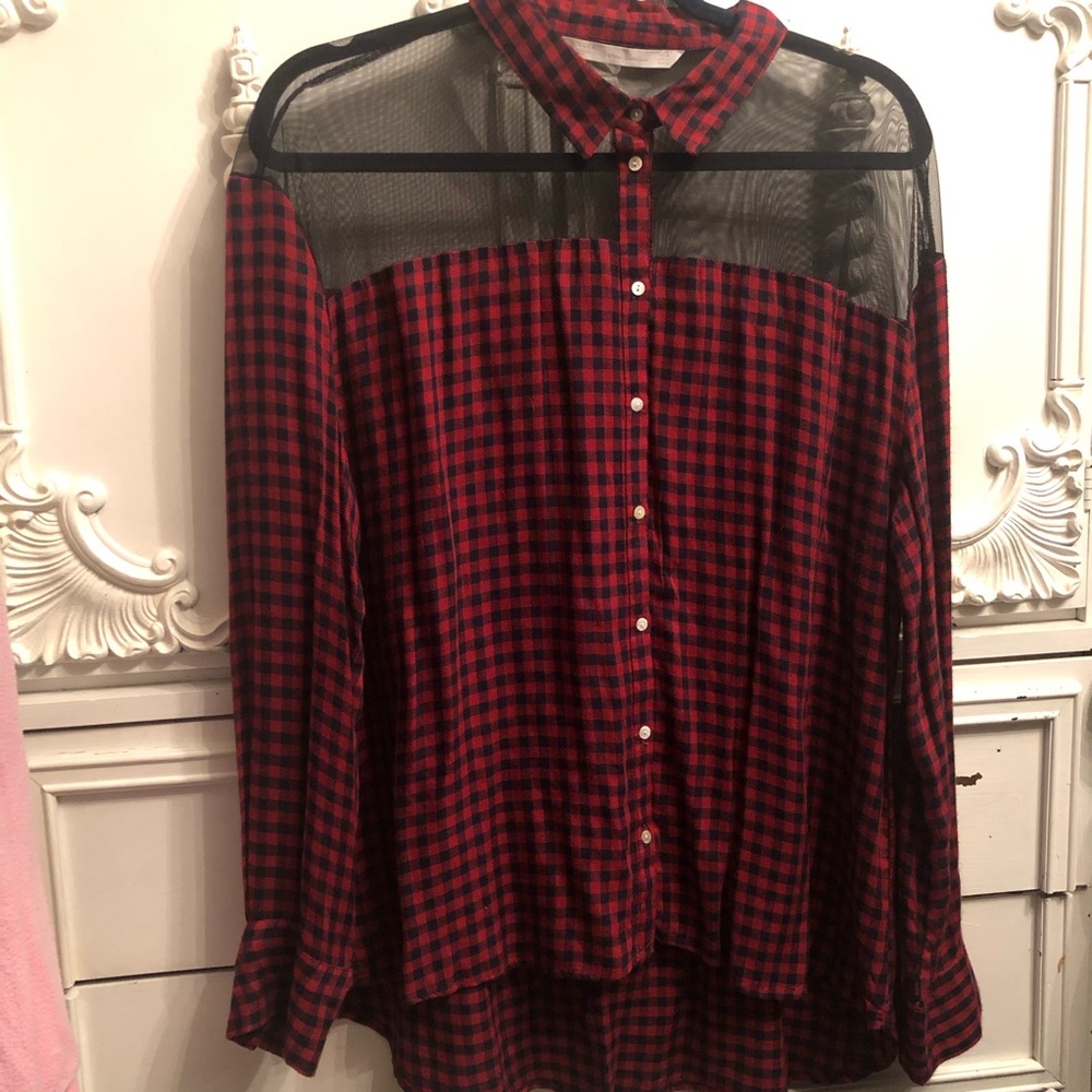 Zara Red and Black Plaid Button-Up Tunic with Mesh Yoke